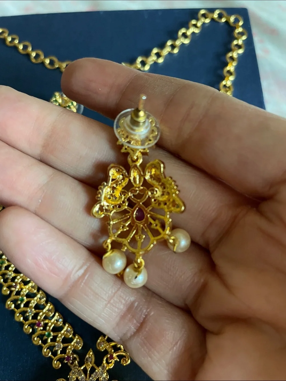 Gold Filigree Pendant Necklace and Earring Set with Pink & Green Accents